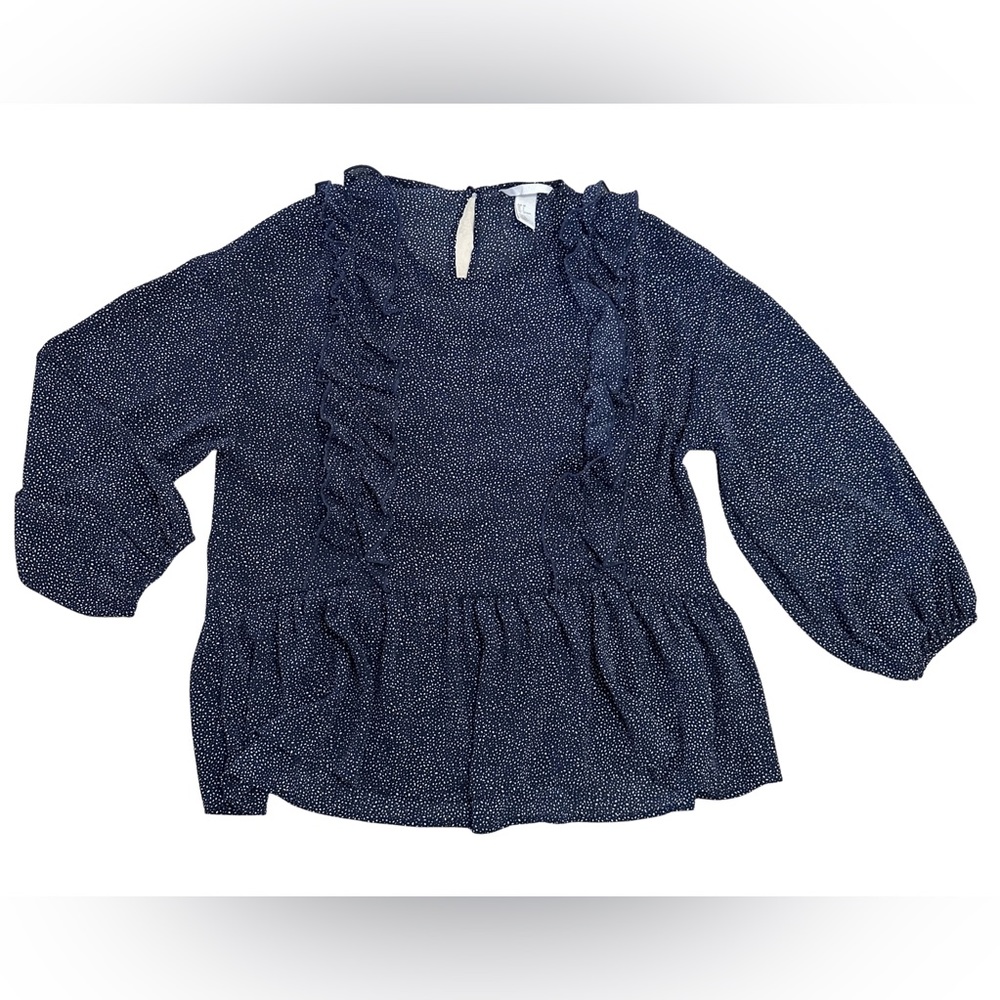 H&M loose fit billowy navy/white polka dot ruffled blouse with peplum. Size 6
